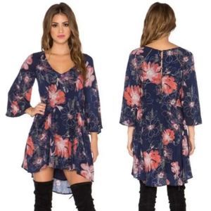 Free People Eyes on You Printed Navy Blue Floral Mini Dress 3/4 Sleeve Size 2 XS